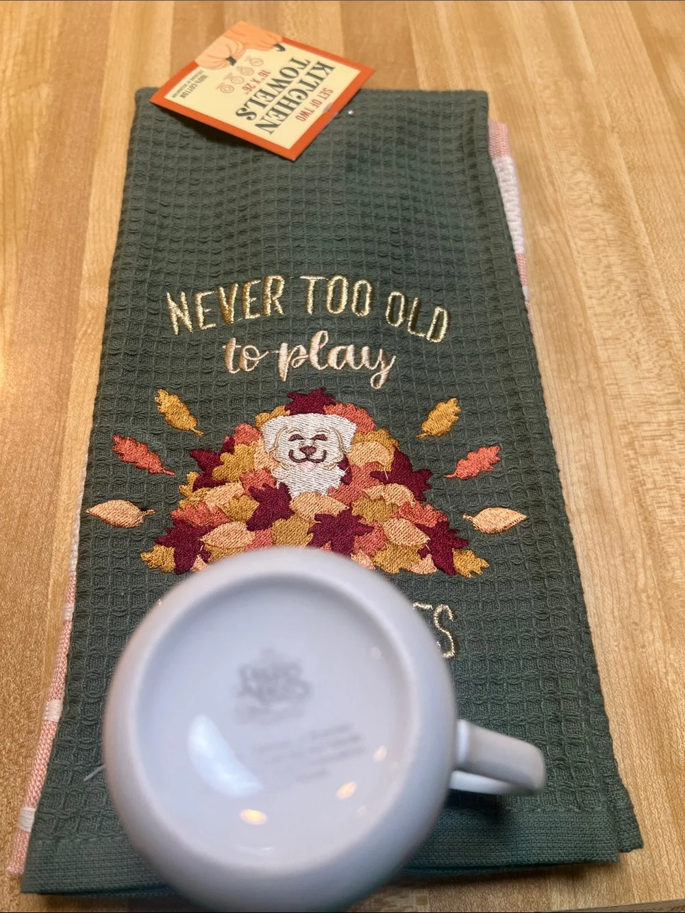 #3094*Green Fall Embroidered Towel W/Autumn Leaf Design & JoAnne Porcelain’s Cup
